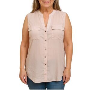 Penelope Women’s Sheer Sleeveless Blush Button-Up Blouse | Size XL